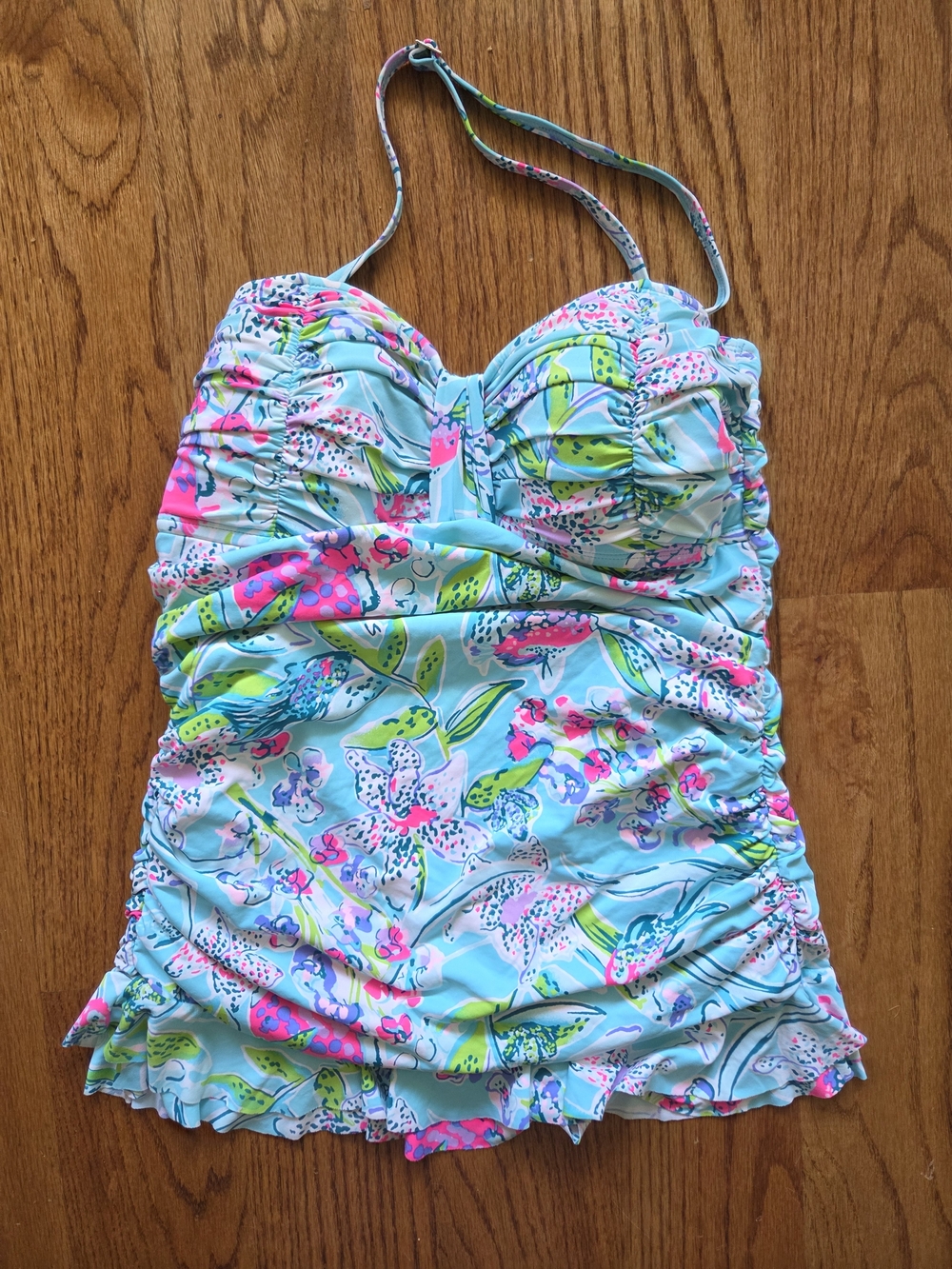 Lilly Pulitzer Aqua Floral Ruched One-Piece Swimsuit